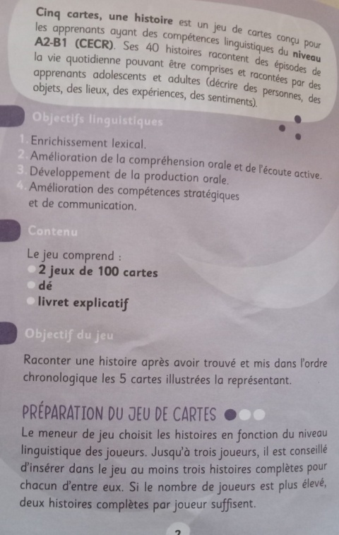 Cinq cartes, Une Histoire - gra językowa Cinq cartes, Une Histoire - gra językowa